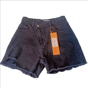 Genleck Denim Shorts Women Small Black Asymmetrical Crossover Raw Hem Distressed